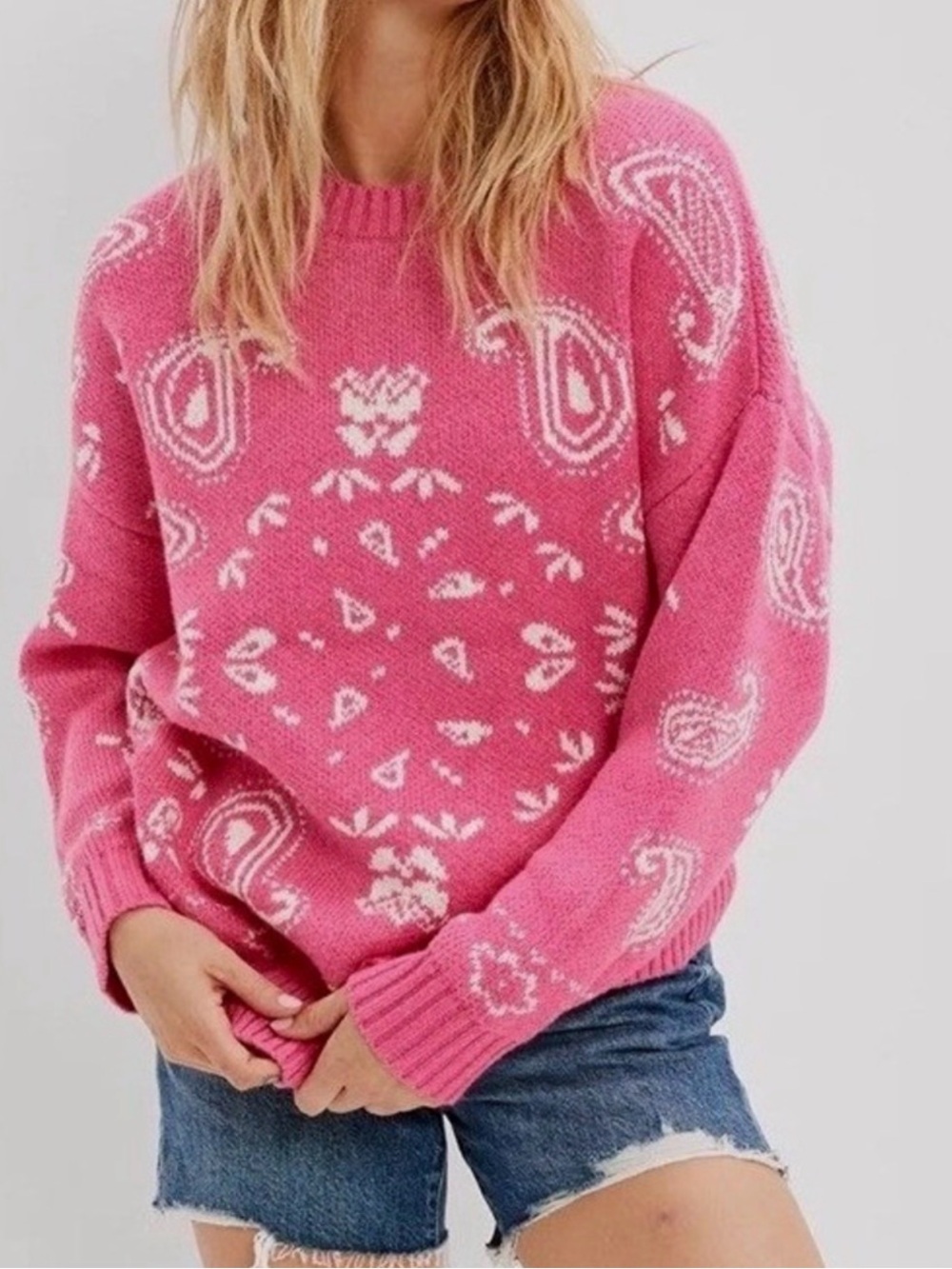 American Eagle Outfitters Pink Paisley Crewneck Sweater